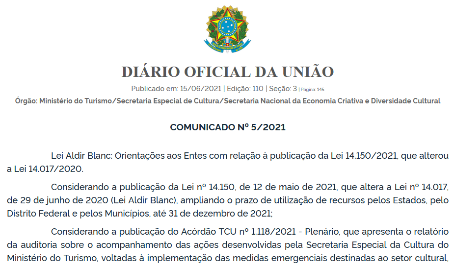 Lei Aldir Blanc: novo comunicado orienta Municípios sobre saldos remanescentes nas contas