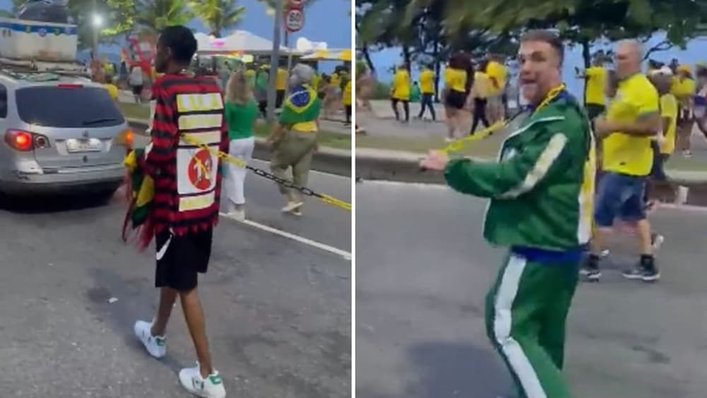Homem negro acorrentado é filmado durante ato de apoio a Flávio Bolsonaro no Rio